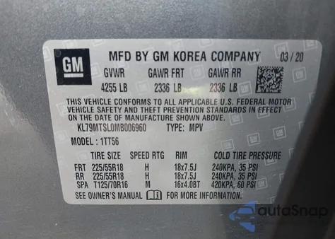 2021 Chevrolet Trailblazer Fwd Rs из США, поврежденный, VIN KL79MTSL0MB006960